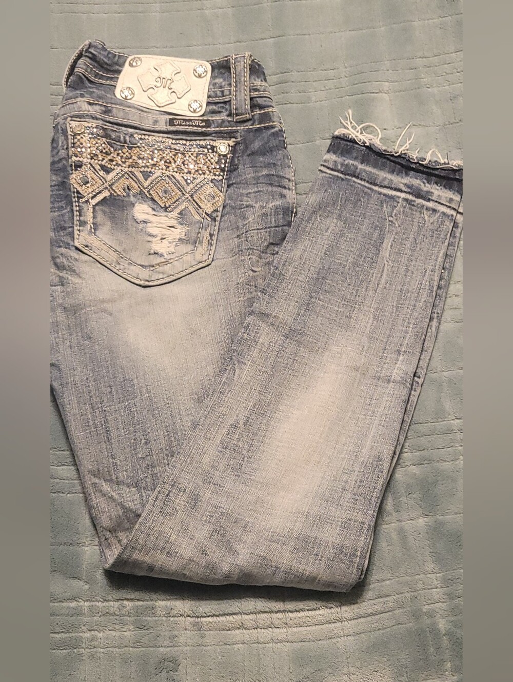 MISS ME Signature Light Blue Distressed Ankle Jeans with Embellished Back Pocket